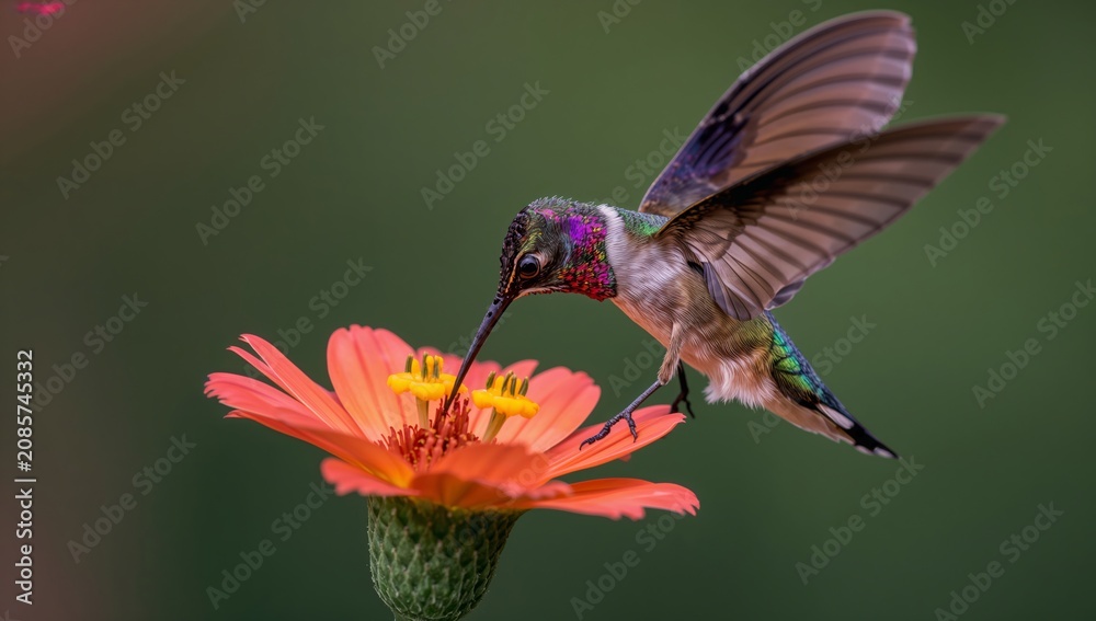 Fototapeta premium Hummingbird hovering near vibrant orange flower, extracting nectar with its long beak, showcasing iridescent feathers and delicate wings in a natural garden setting