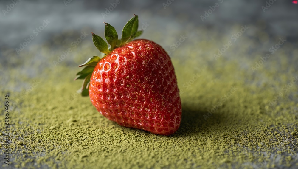 Fototapeta premium Fresh red strawberry placed on a textured surface sprinkled with green matcha powder, showcasing vibrant colors and natural details in a culinary context