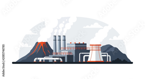 Geothermal Power Plant and Industrial Factory Illustration with Volcano and Smokestacks