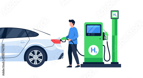 Man Refueling Hydrogen Fuel Cell Car at H2 Filling Station, Green Energy and Eco-Friendly Transportation Flat Vector Illustration