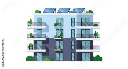 Modern Sustainable Apartment Building with Solar Panels and Green Balconies Flat Vector Illustration