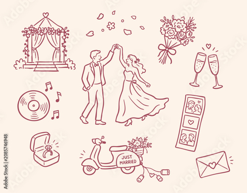 Bild auf Leinwand Wedding celebration doodle vector illustration with bride groom rings flowers an