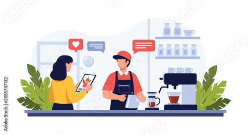 Young woman ordering her favorite beverage from a friendly male barista using her digital tablet at a modern coffee shop.