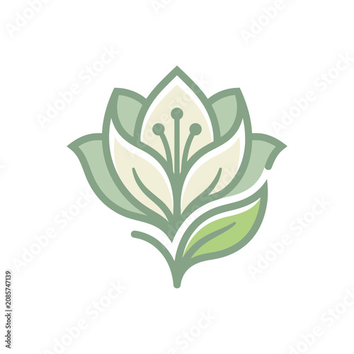 Stylized green lotus flower graphic on white background.