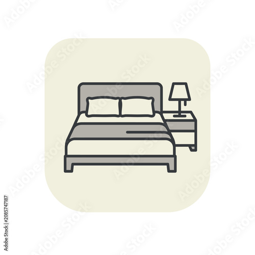 Interior bedroom line art icon with bed and lamp.