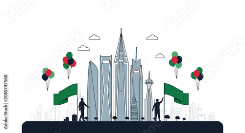 Kuwait national day celebration with citizen silhouettes waving green flags near iconic modern city skyscrapers.