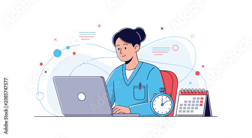 Female nurse or doctor in blue uniform managing her shift schedule and tasks using a laptop, stopwatch, and calendar.