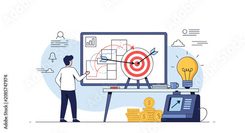 Businessman building a strategic plan with multiple pathways on a display screen to hit the bullseye target successfully.