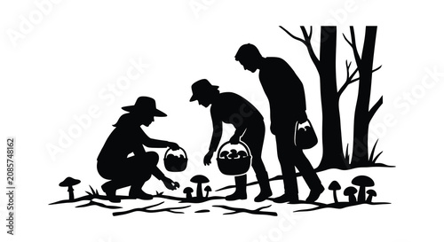 Foto People foraging for mushrooms black silhouette against white background
