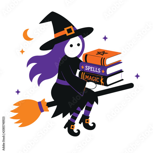 Flying witch character carrying stack of magic spell books on broom stick vector