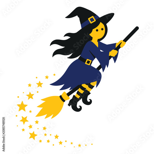 Magical flying witch on broom leaving trail of shining stars vector illustration