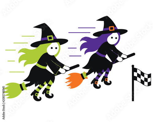 Two witches racing on broom sticks towards checkered finish line flag in vector