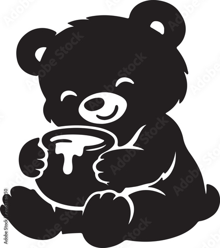  adorable baby bear silhouette — sitting contentedly while holding a honey pot, rendered in solid black against a crisp white background for a clean, minimal finish