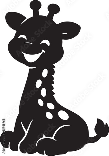 cheerful cartoon giraffe silhouette — sitting with a gentle curve to its long neck, smiling warmly, and rendered in solid black against a crisp white background for a clean, minimal finish.