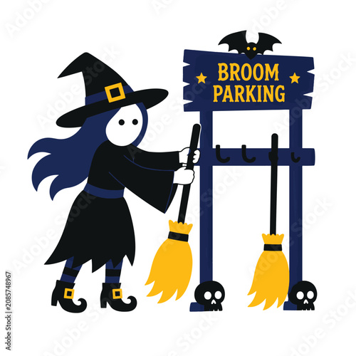 Witch character parking magic broom at wooden broom parking station illustration
