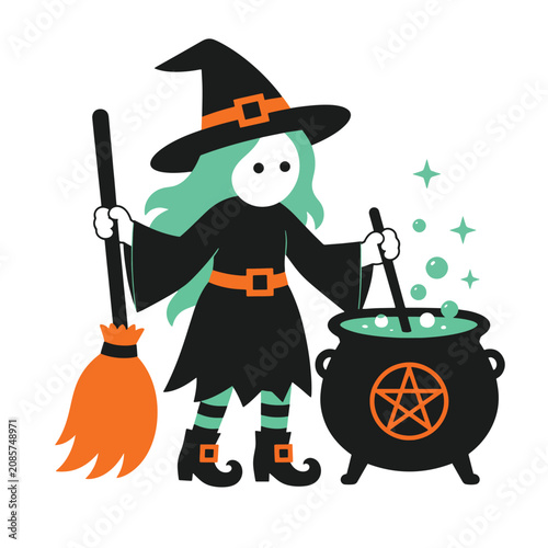 Cute witch preparing potion in cauldron with broom, halloween flat vector illustration