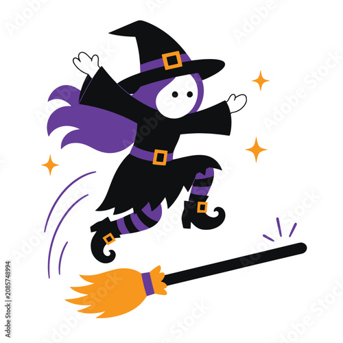 Cute witch character jumping off flying broomstick, halloween flat vector design