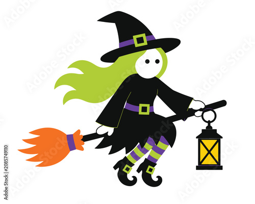 Little witch holding glowing vintage lantern while flying on broomstick for holiday