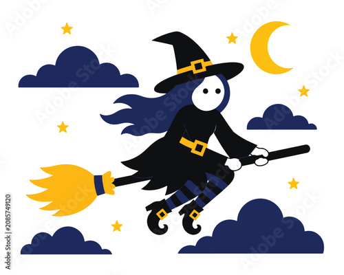 Cute cartoon witch character flying on wooden broomstick at night with full moon