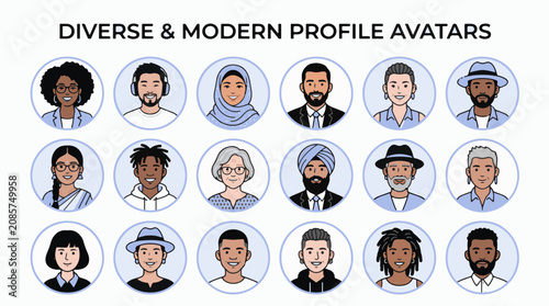 Diverse and Modern Profile Avatars Icon Set - Multicultural People Portraits for User Interface and Web Design