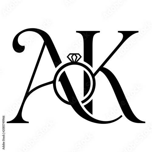 Elegant Wedding Monogram Letter AK Initial with Diamond Ring Vector Logo	
