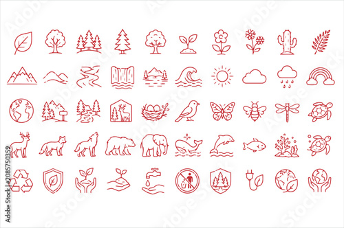 Photography A comprehensive vector collection of outline icons featuring nature landscapes, wild animals, marine life, and environmental sustainability elements