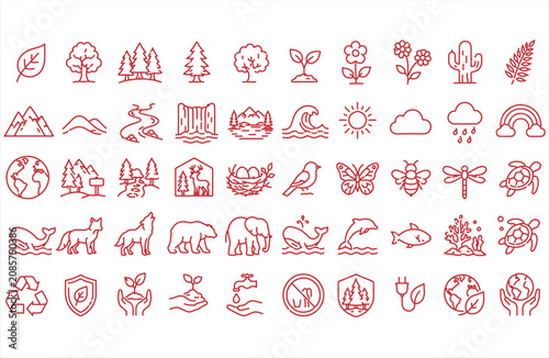 Photography Nature, Wildlife, and Eco Friendly Line Icons Set