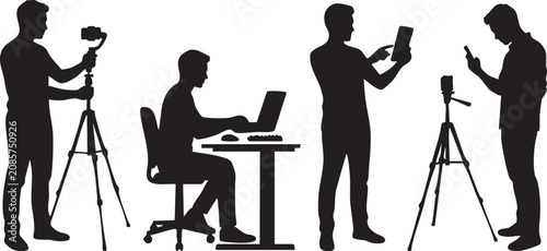 Content Creator and Vlogger Silhouette Set – Video Recording, Camera on Tripod, Laptop Editing, Tablet Presentation and Smartphone Live Streaming, Black Vector Isolated on White Background