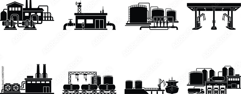Obraz premium Industrial oil and gas production refinery plant black glyph icons vector set isolated on white background