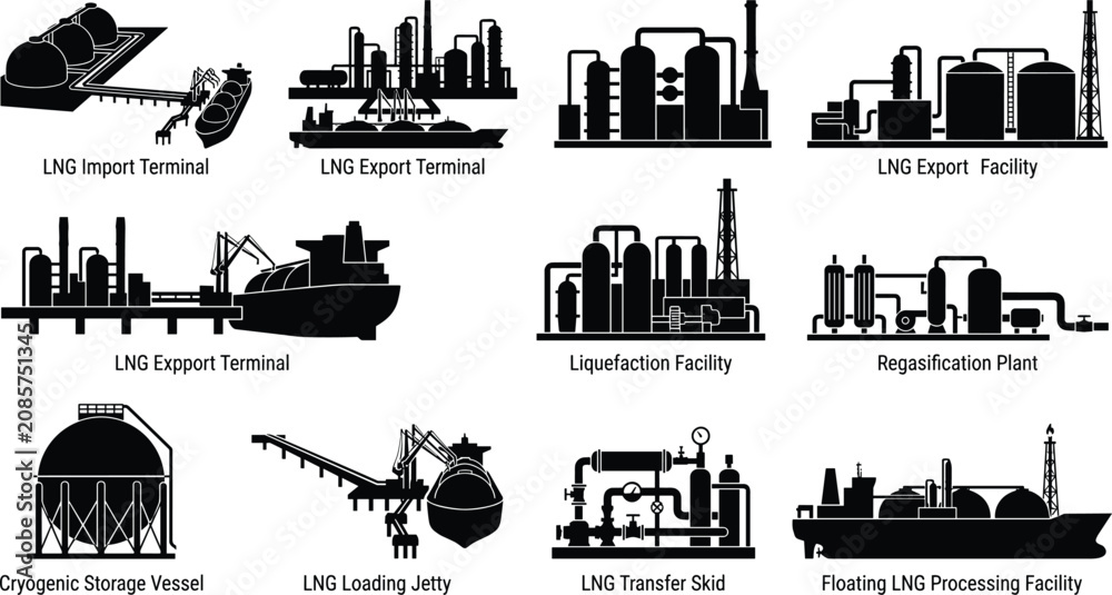 Obraz premium LNG terminal and natural gas processing facility icon set with black silhouettes of tankers and plants