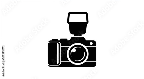 Foto Camera with a flash attachment captures professional photography and modern digital imaging concepts