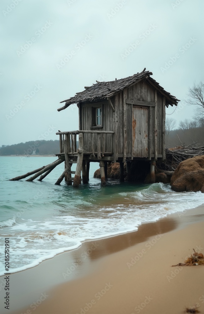 Fototapeta premium Weathered wooden shack on stilts over blue ocean water. Sandy beach meets gentle waves. Bare trees line distant shore under overcast sky. Old rustic dwelling.