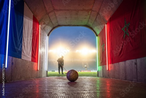 France and Morocco football tunnel with stadium view