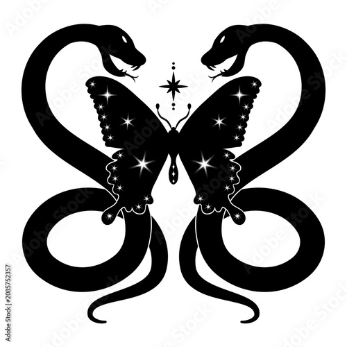 Twin Snake Butterfly Gothic Tattoo Design