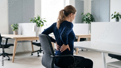 young businesswoman suffering from back pain at office desk
