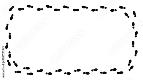 Vector frame of human footprints forming a rectangular walking trail. Minimal black shoe prints border isolated on transparent background with copy space.
