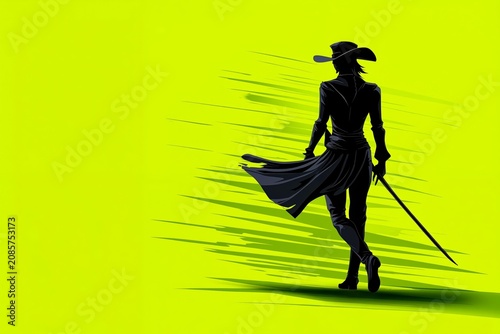 A silhouette of a man in a cowboy outfit holding a sword