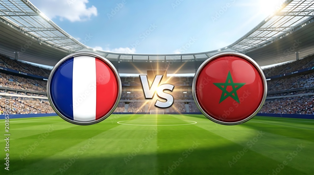 Obraz premium France vs morocco football match graphic with national flags in a stadium