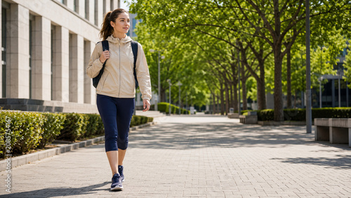 Young woman in beige sport luxe windbreaker walking campus path
