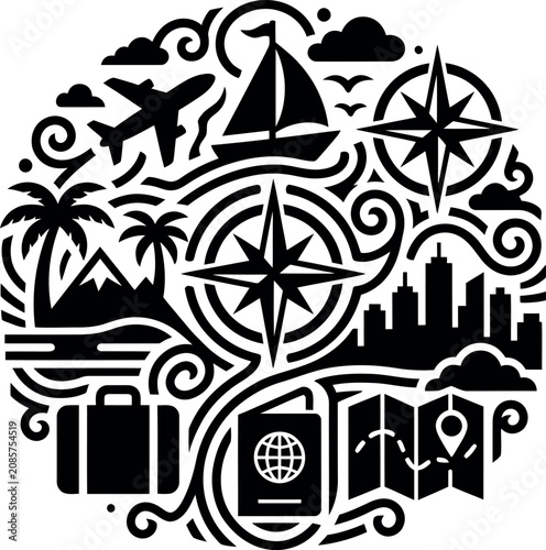 travel and adventure icons with airplane sailboat compass and passport