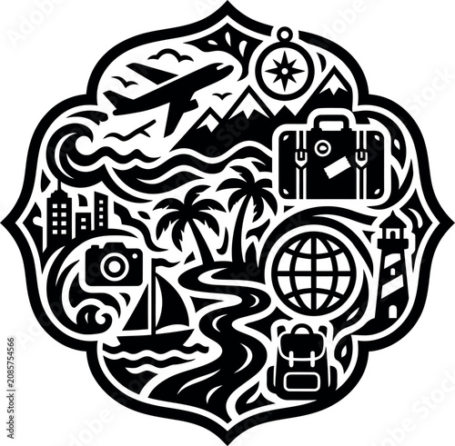 travel concept illustration with plane suitcase camera sailboat and globe