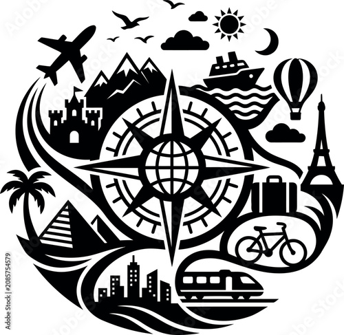 global travel and adventure concept with compass airplane ship and landmarks