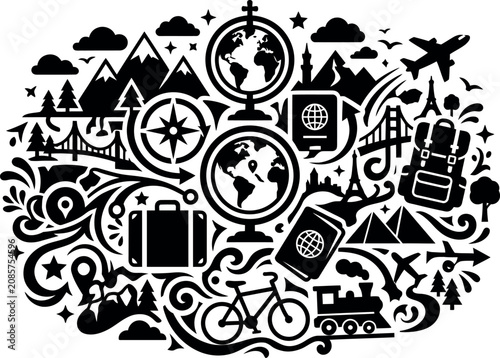 travel collage with landmarks passport and transport icons for adventure