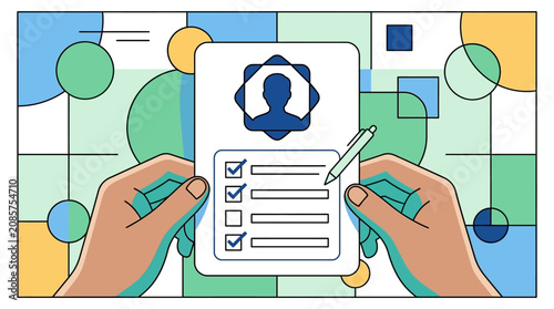 hands filling out a checklist on a document illustrating the concept of evaluation and task completion