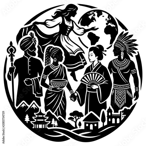 cultural diversity and global unity among multicultural people from various world cultures in a stylized vector artwork