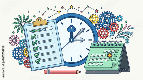 planning and time management concept with clock calendar checklist and gears