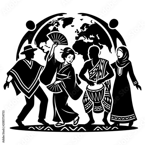 cultural diversity and global unity celebrated by multicultural people in traditional attire in front of a world map