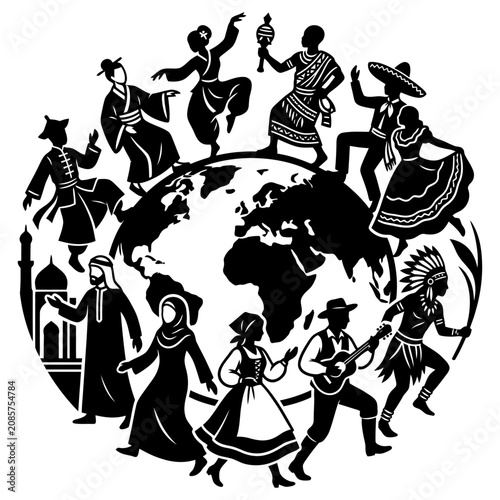 cultural diversity of people around world celebrating global community in traditional costumes on a globe illustration