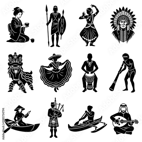 cultural diversity of world cultures showcased through international people wearing traditional costumes representing various ethnic groups and global traditions