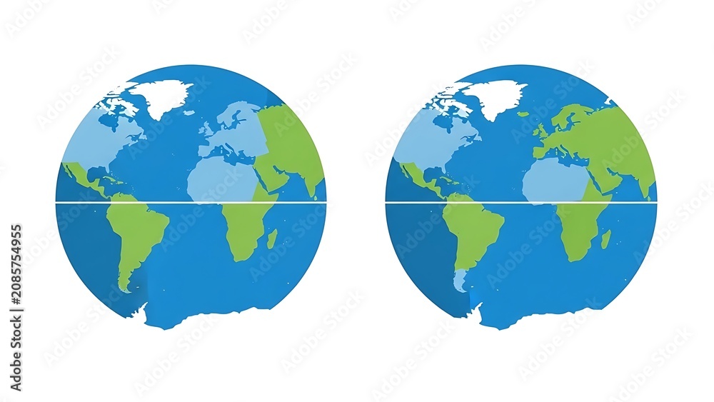 Fototapeta premium Flat Vector Illustration of Global Planet Earth Globes Showing Continents and Oceans for Geography Education and Environmental Concepts